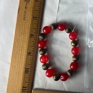 Red‎ Beaded Stretch Bracelet with Gold Tone Accent Beads Women's Jewelry